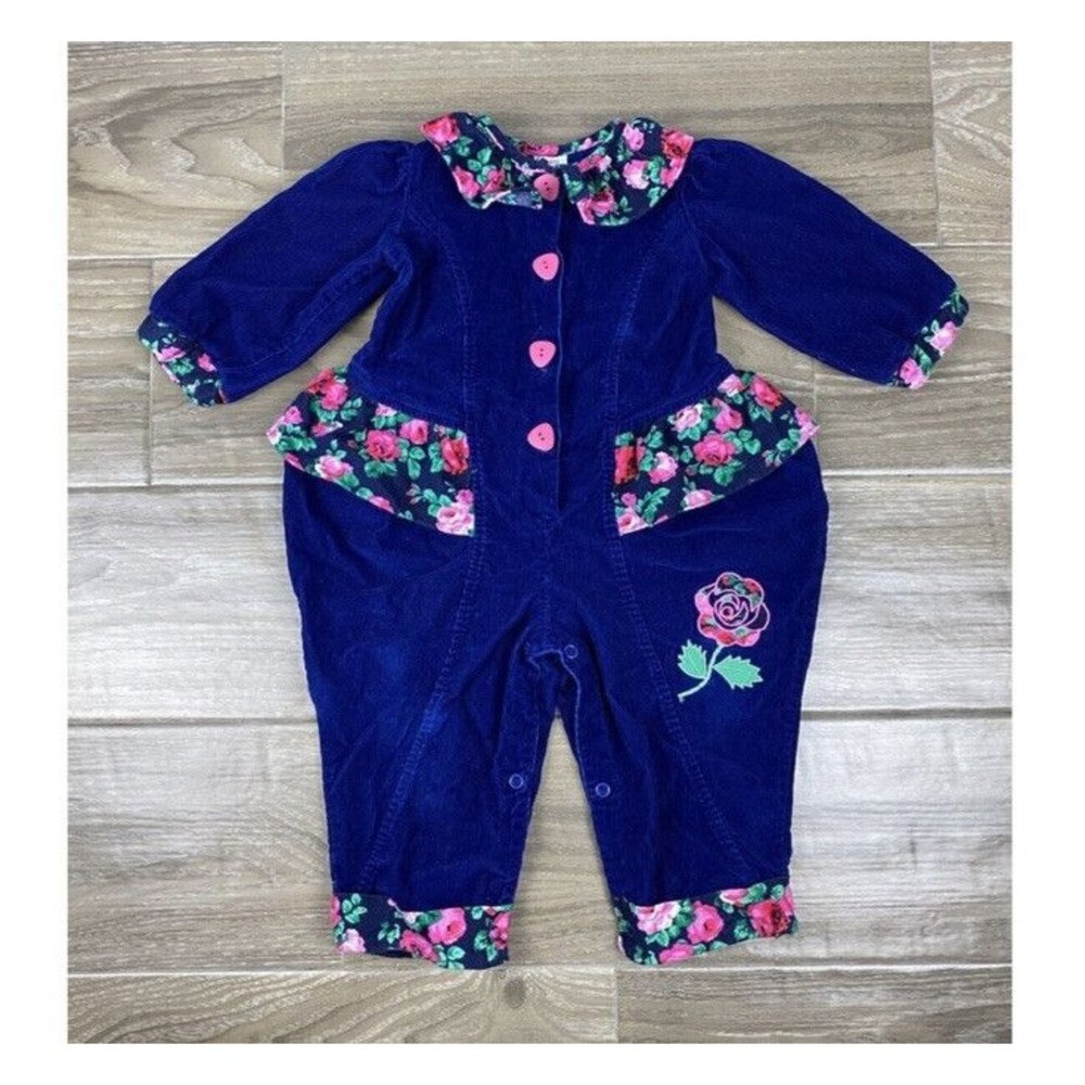Vintage 80s 90s Baby Girls Size 18 months Corduroy Floral Velvet One Piece